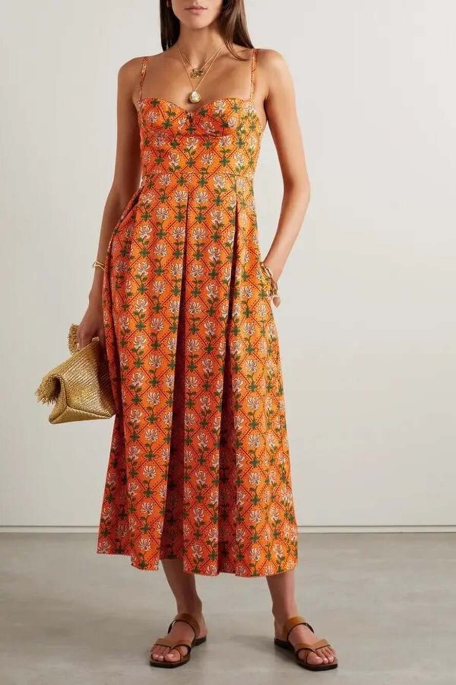 Agua by Agua Bendita Mambo Medium Botanical Cotton Poplin Midi Dress NWT